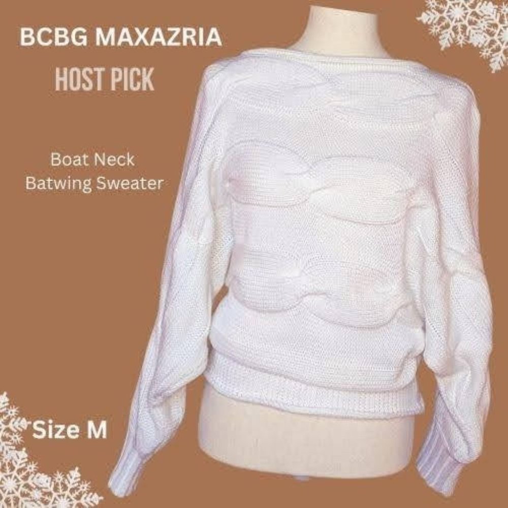 BCBG MAXAZRIA Cream Boatneck Cable Knit Bat Wing SZ M Sweater ✨ Host Pick ✨